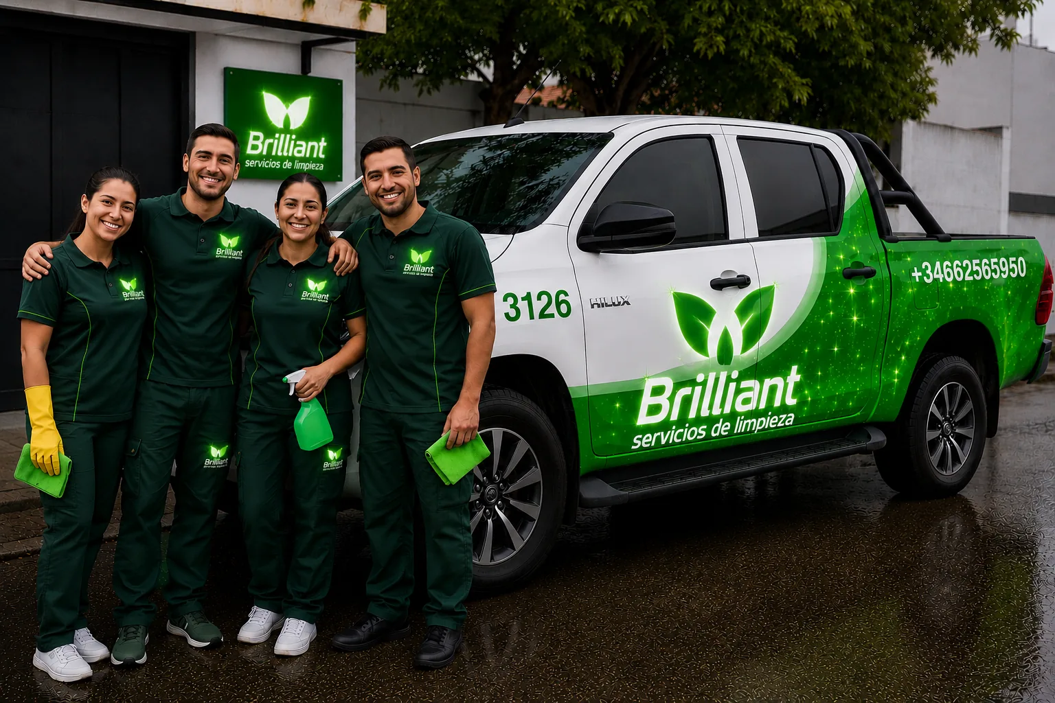 Equipo de Brilliant Servicios de Limpieza junto a vehículo corporativo en Maspalomas